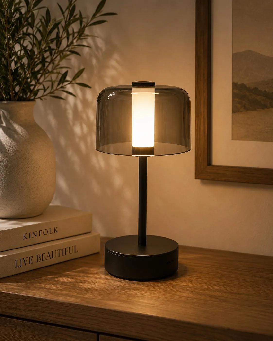 Lampara "Tulip" LED 3 Tonos, Tactil USB Recargable Color Negro con Tulipa de Acrilico 13×25 cm