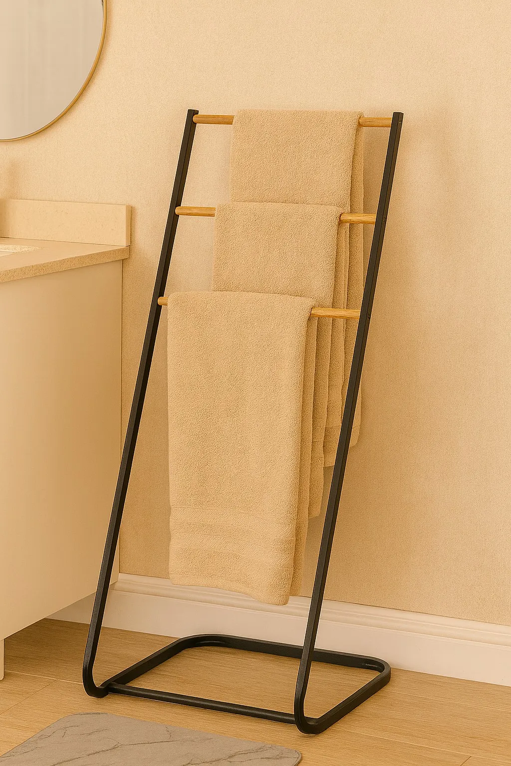 Toallero de Pie de Hierro Negro y Bambu 40×37.5×89 cm