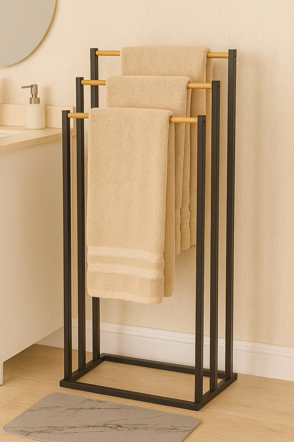 Toallero de Pie de Hierro Negro y Bambu 3 S TAMAÑO: 45×21×86 cm