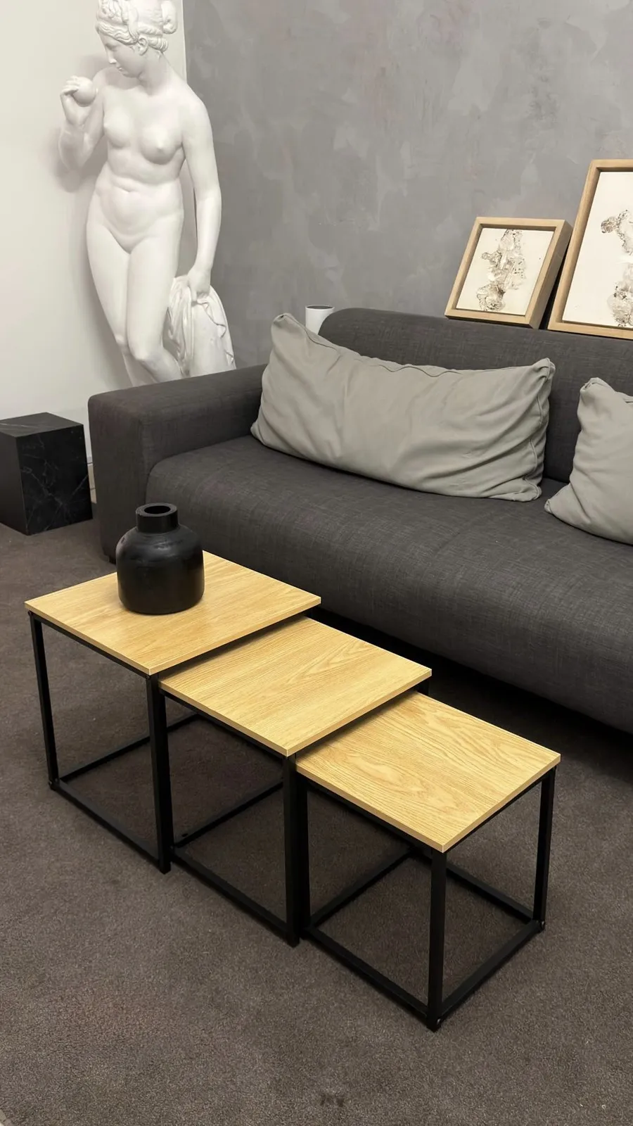 Set X3 de Mesas Ratonas de Hierro y Madera Clara 40×40×42 cm - 35×35×38 cm - 30×30×34 cm