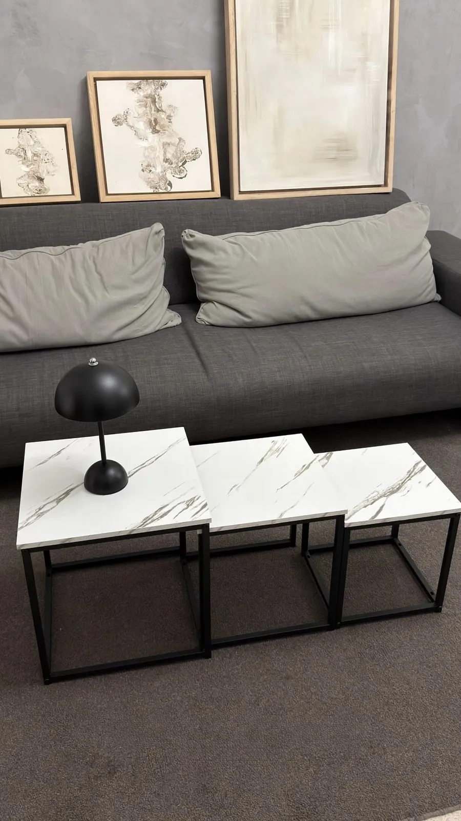 Set X3 de Mesas Ratonas de Hierro y Madera Simil Marmol Blanco 40×40×42 cm - 35×35×38 cm - 30×30×34 cm