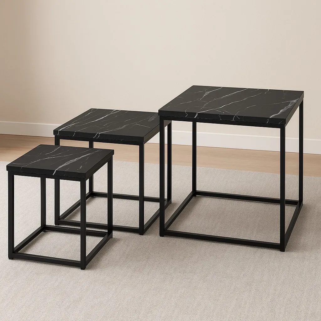 Set X3 de Mesas Ratonas de Hierro y Madera Simil Marmol Negro 40×40×42 cm - 35×35×38 cm - 30×30×34 cm