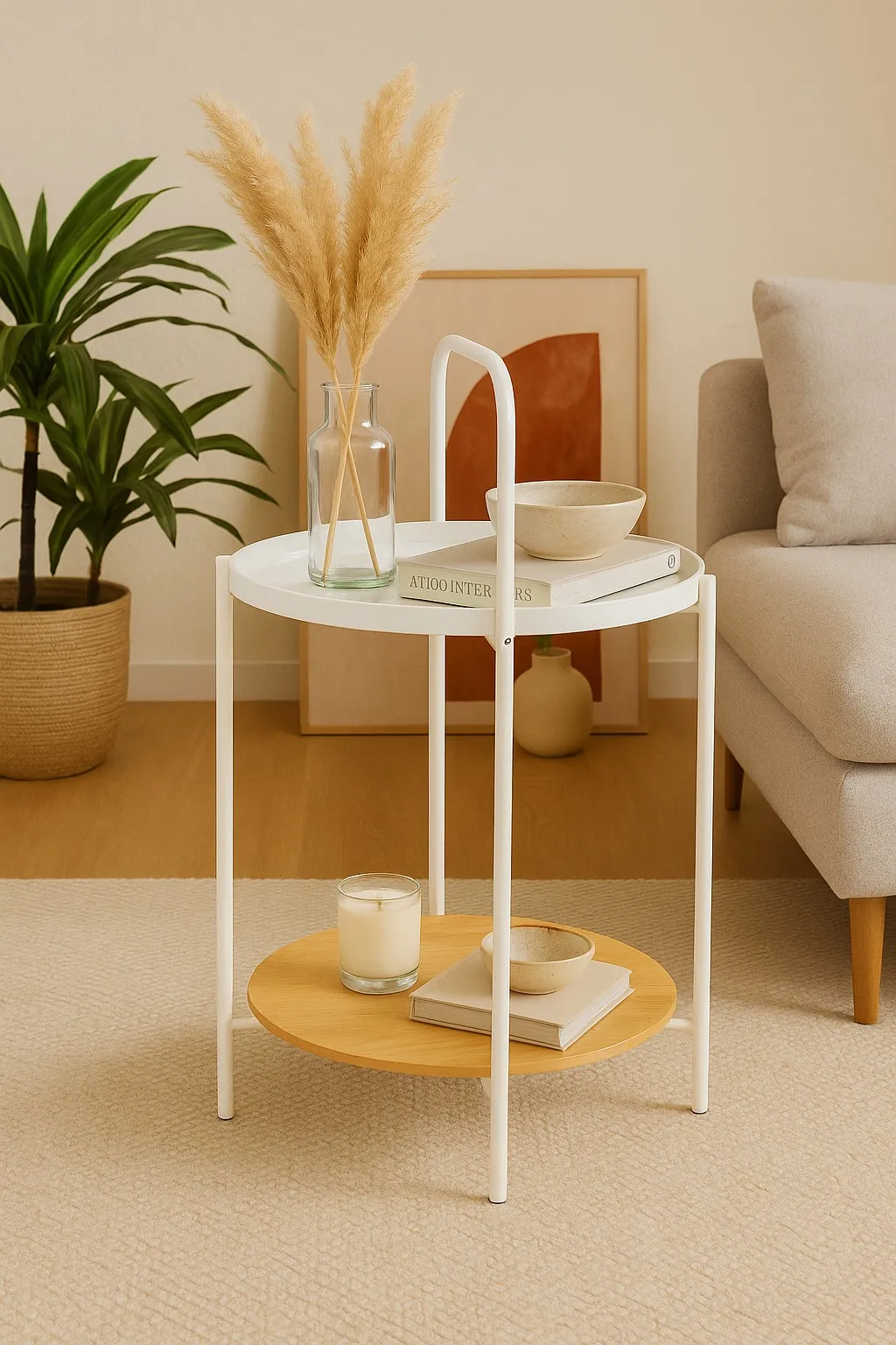 Mesa Auxiliar 2 Niveles con Manija de Hierro Blanco y Madera 70×45.5 cm