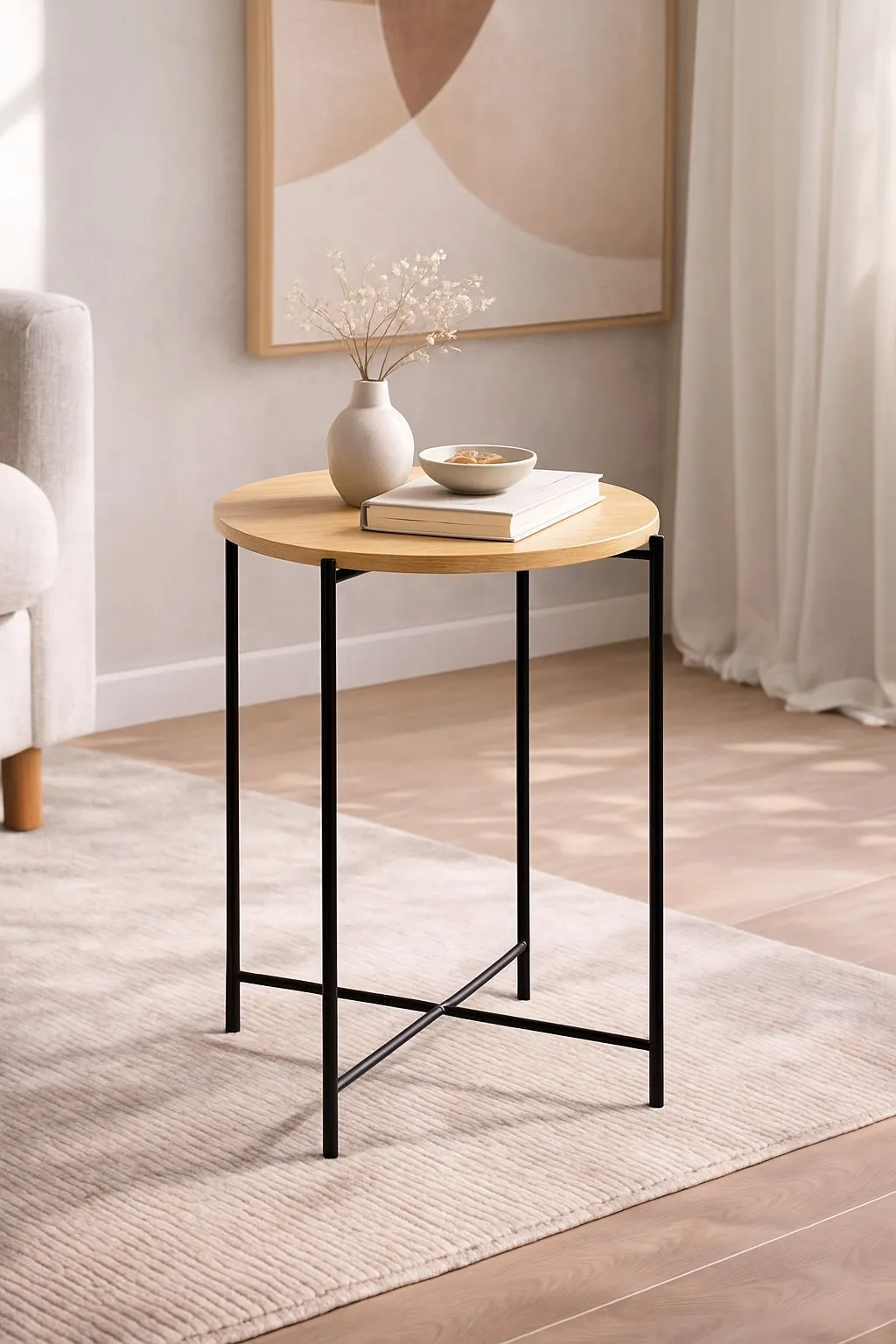 Mesa Auxiliar Desmontable de Hierro Negra y Madera Clara 50×40 cm