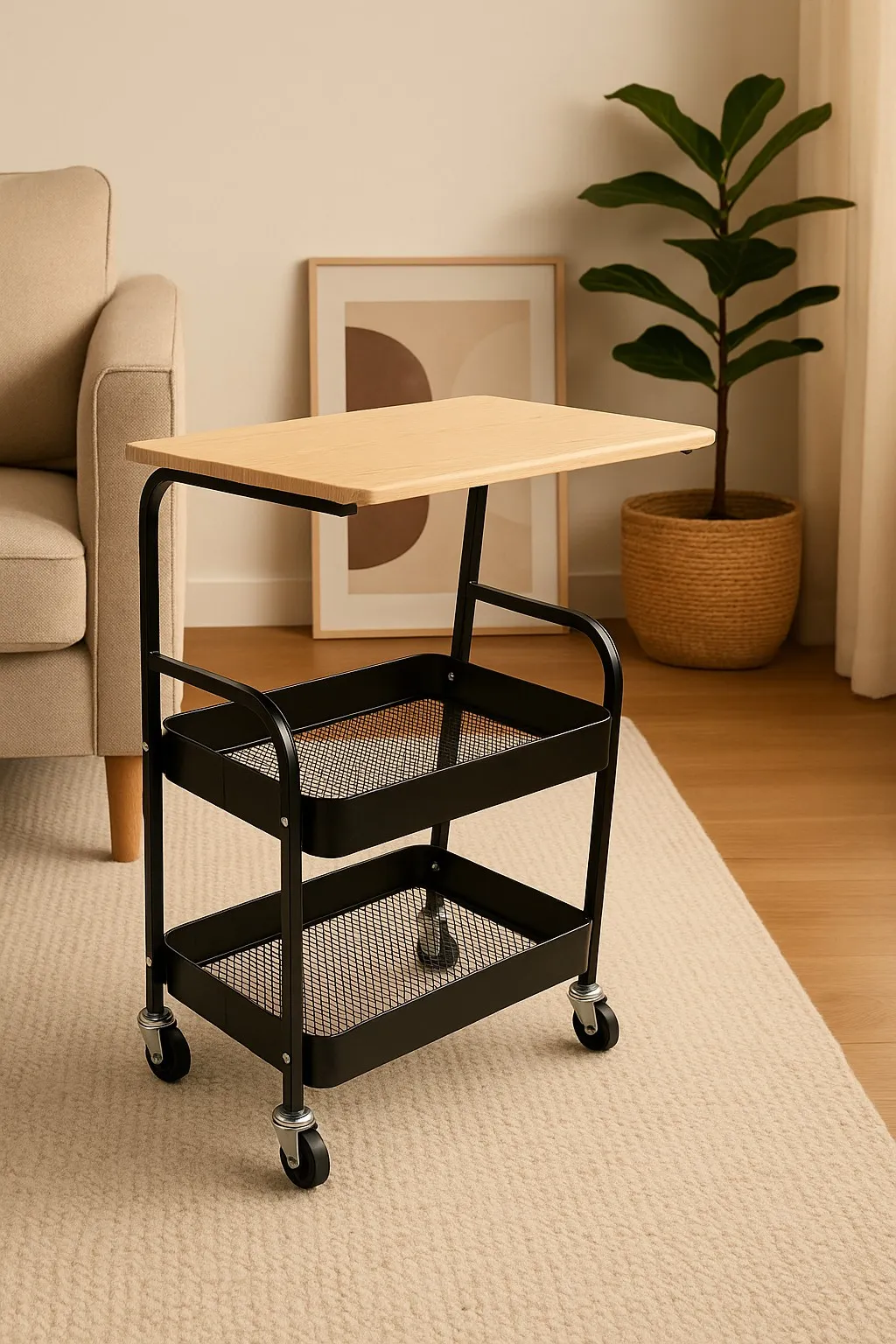 Mesa Carro 3 Niveles de Hierro Negra y Madera Clara 77×44×30 cm