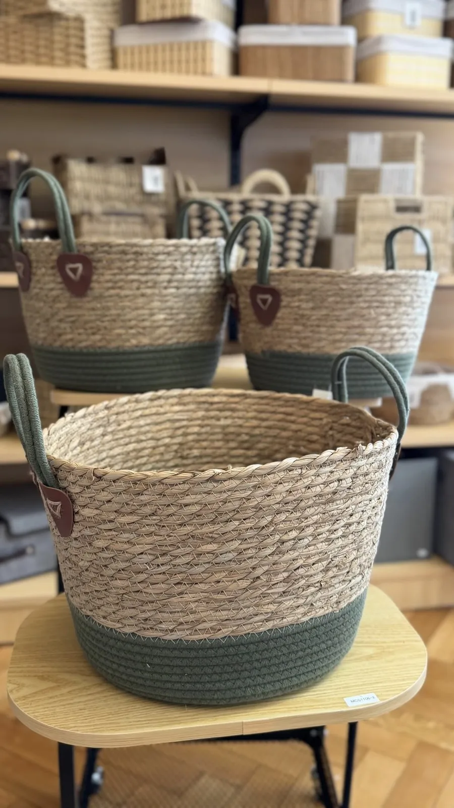 Set X 3 Cestos de Fibras Naturales con Algodon Verde 24×31.5 cm - 20×28 cm 16×24 cm
