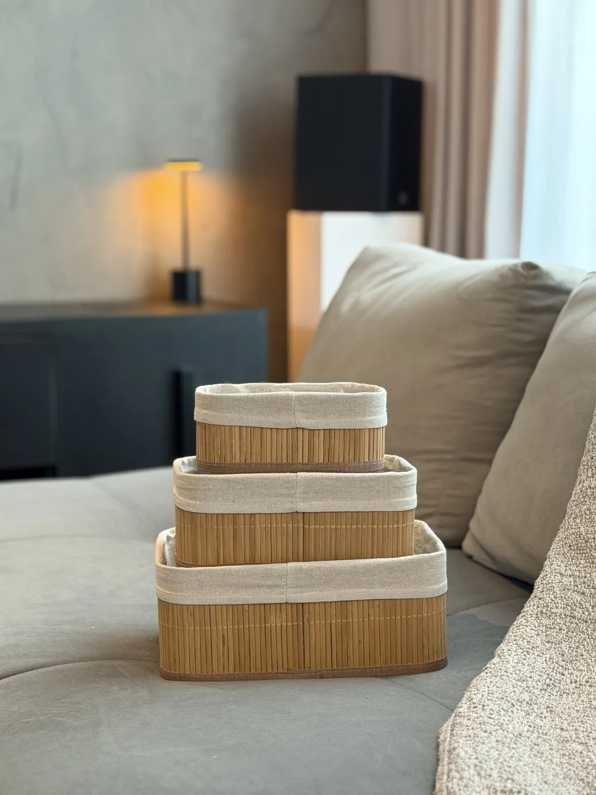 Set X 3 Cestos de Bambú y Algodon 26×20×12 cm - 22×16×10.5 cm - 18×12×9 cm