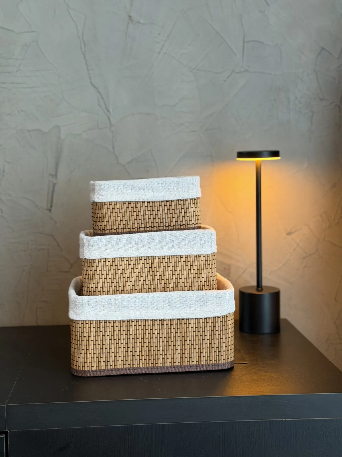 Set X 3 Cestos de Bambú y Algodon 26×20×12 cm - 22×16×10.5 cm - 18×12×9 cm