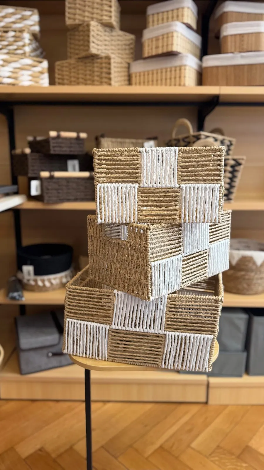Set X 3 Cestos de Fibras Tejidas (Beige y Blanco) 36×26×18 cm - 31×21×16 cm - 25×16×14 cm