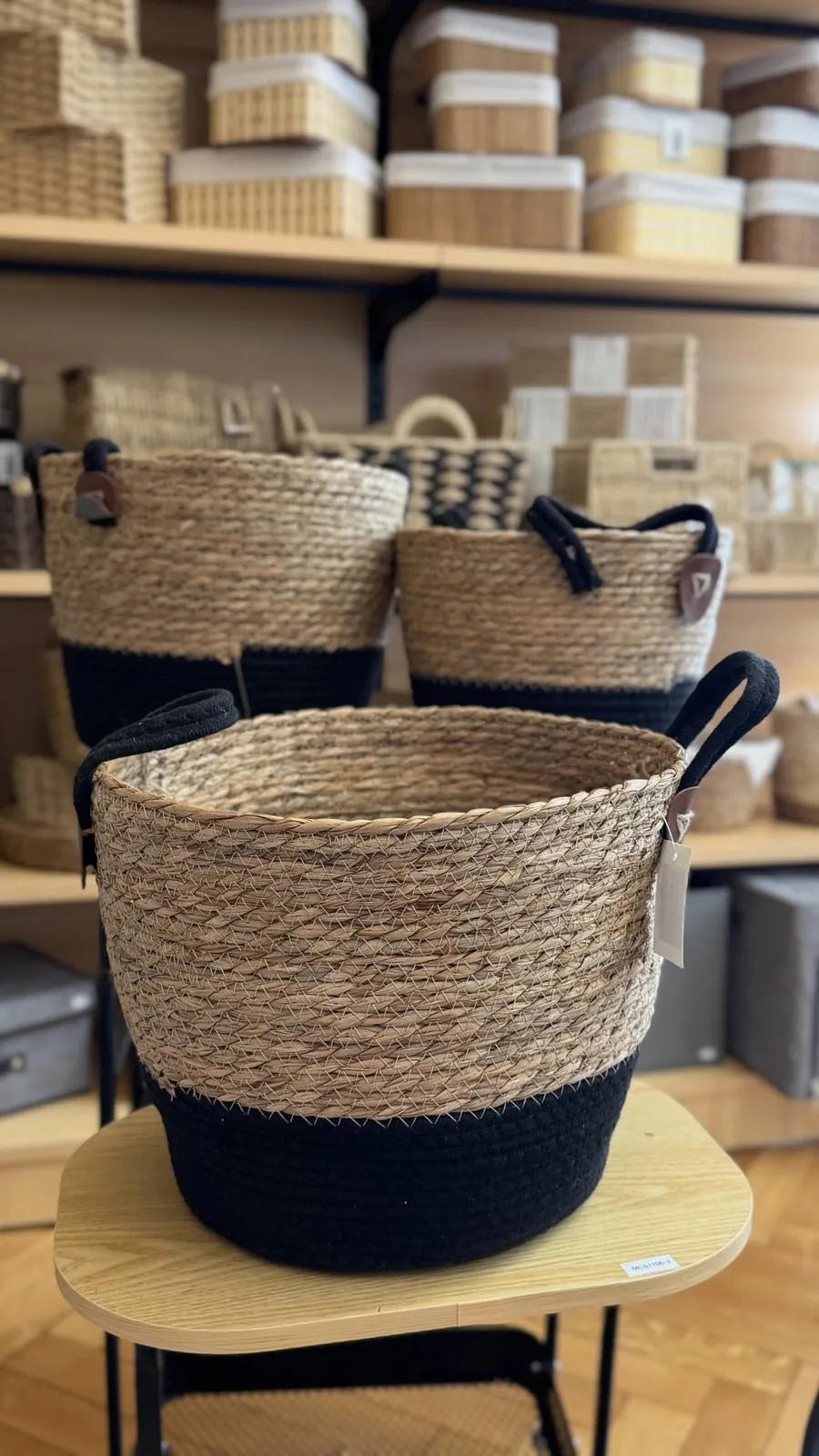 Set X 3 Cestos de Fibras Naturales (Beige y Negro) 33×25 cm - 26×21 cm - 24×20 cm