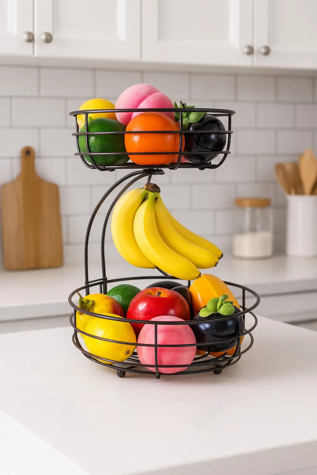 Frutera Dos Niveles con Soporte para Banana de Hierro Negro 42×28 cm